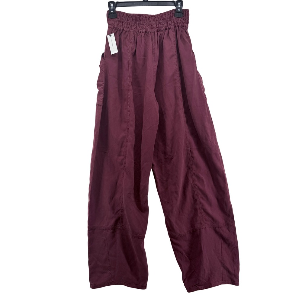 Anthropologie Wine Smocked Waist Barrel Pants Burgundy Relaxed Tall XS NEW - Picture 2 of 5